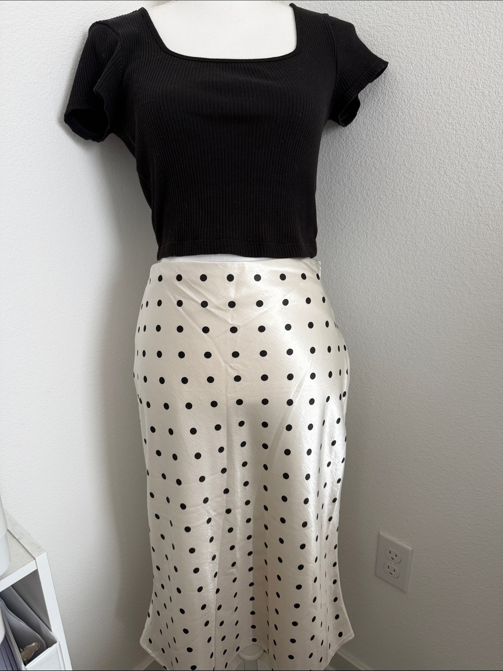 Polka Dot Satin Midi Skirt - Cream with Black Dotsy